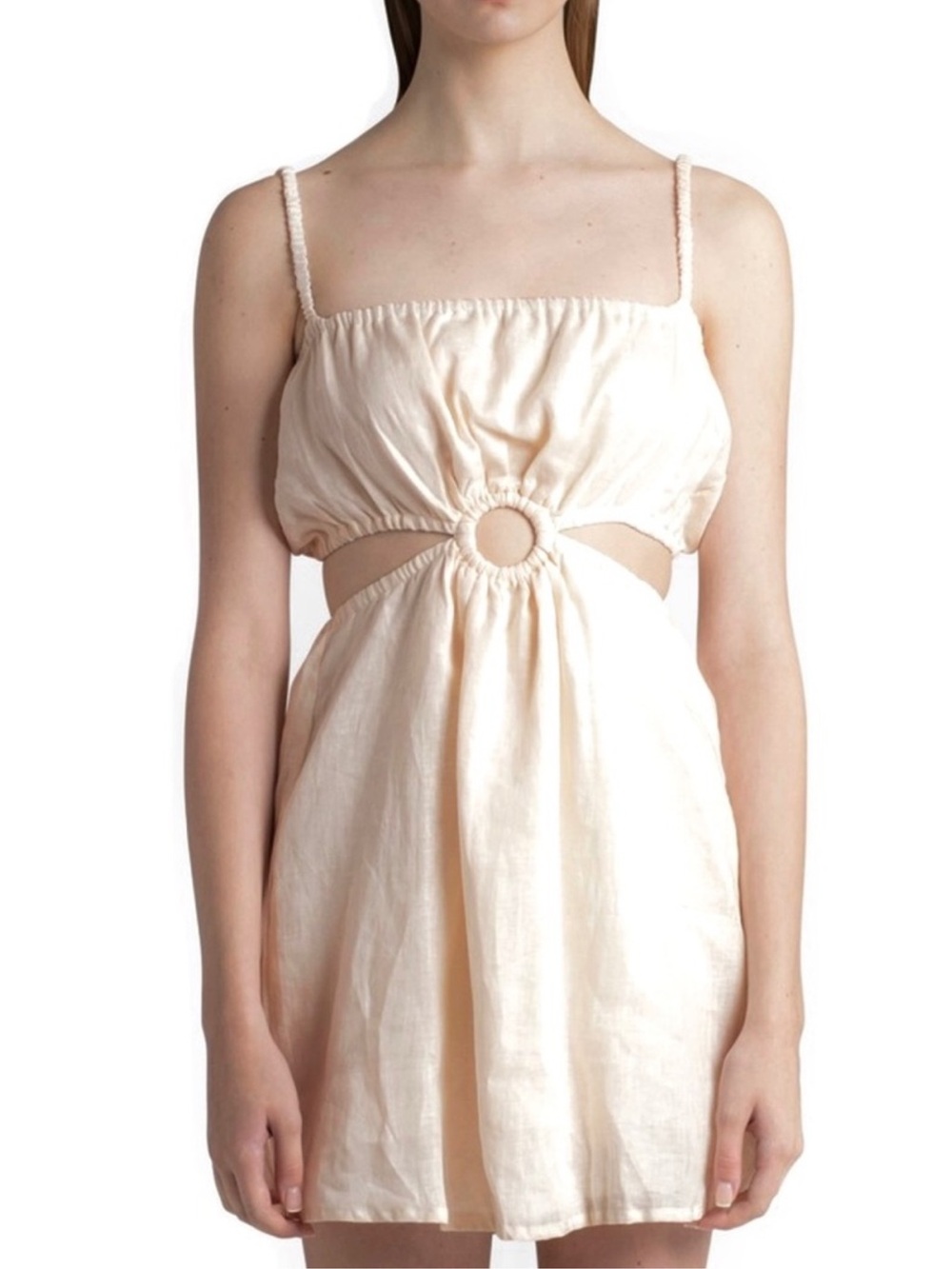 FAITHFULL THE BRAND BEIGE LINEN CUT-OUT MINI DRESS